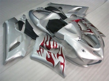 Prata Vermelho Chamas Carenagem Moto Kawasaki ZX6R 2005-2006